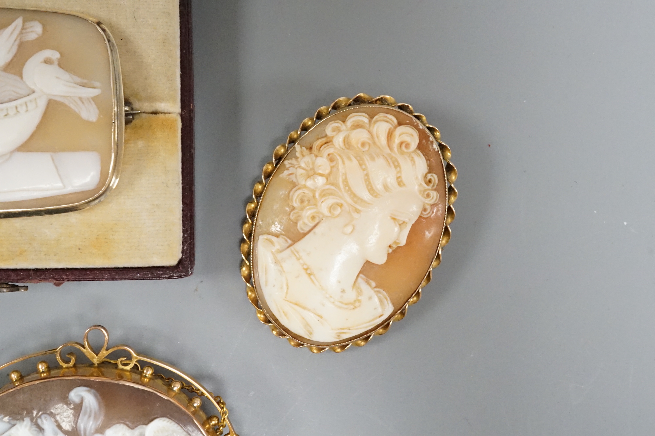 An early 20th century 9ct mounted oval cameo shell brooch, 57mm and two other cameo shell brooches including maiden and pliny doves.